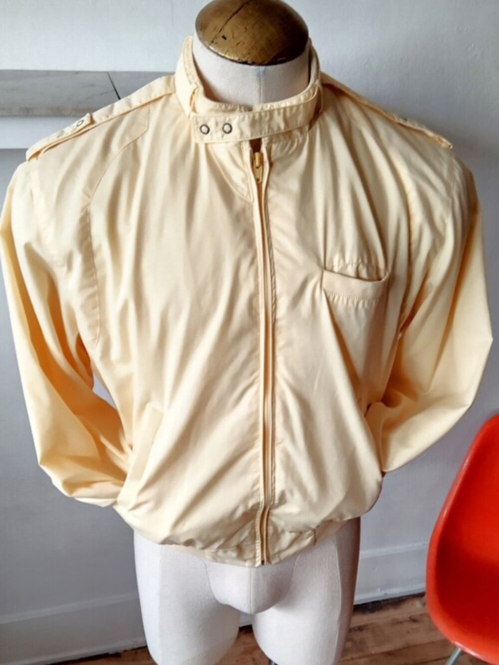 Vintage 80s Cafe Racer Bomber Jacket - Buttercream Yellow, Size 46